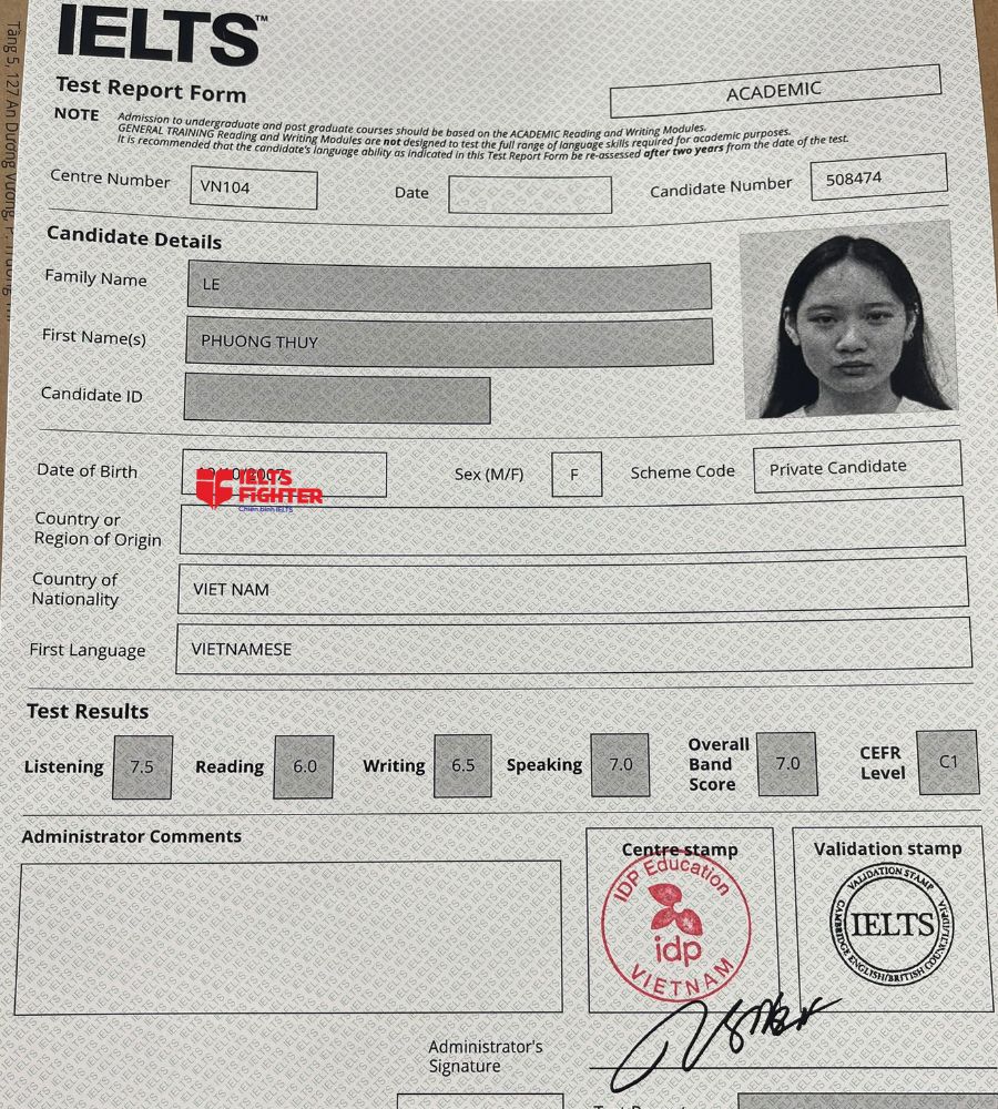 Chứng chỉ Lê Phương Thúy 7.0 IELTS