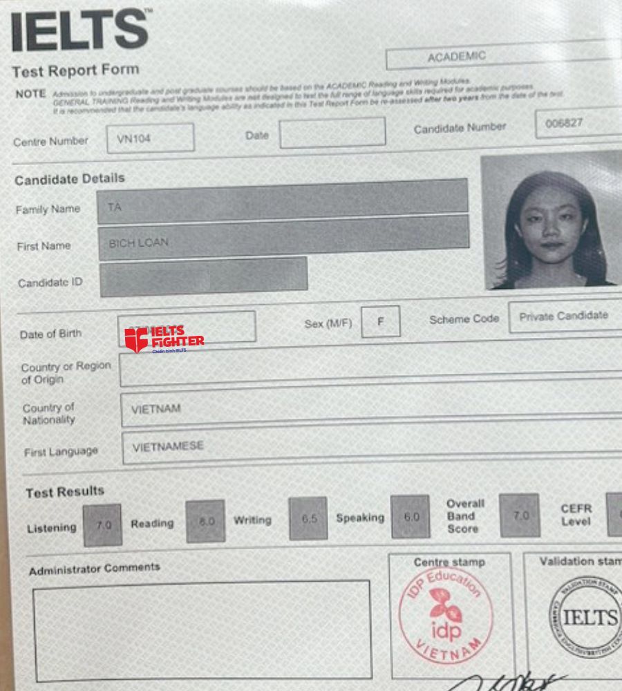 Chứng chỉ Tạ Bích Loan  7.0 IELTS