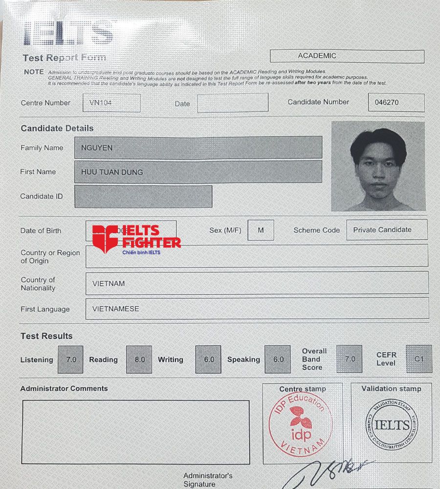 bảng điểm tuấn dũng 7.0 IELTS