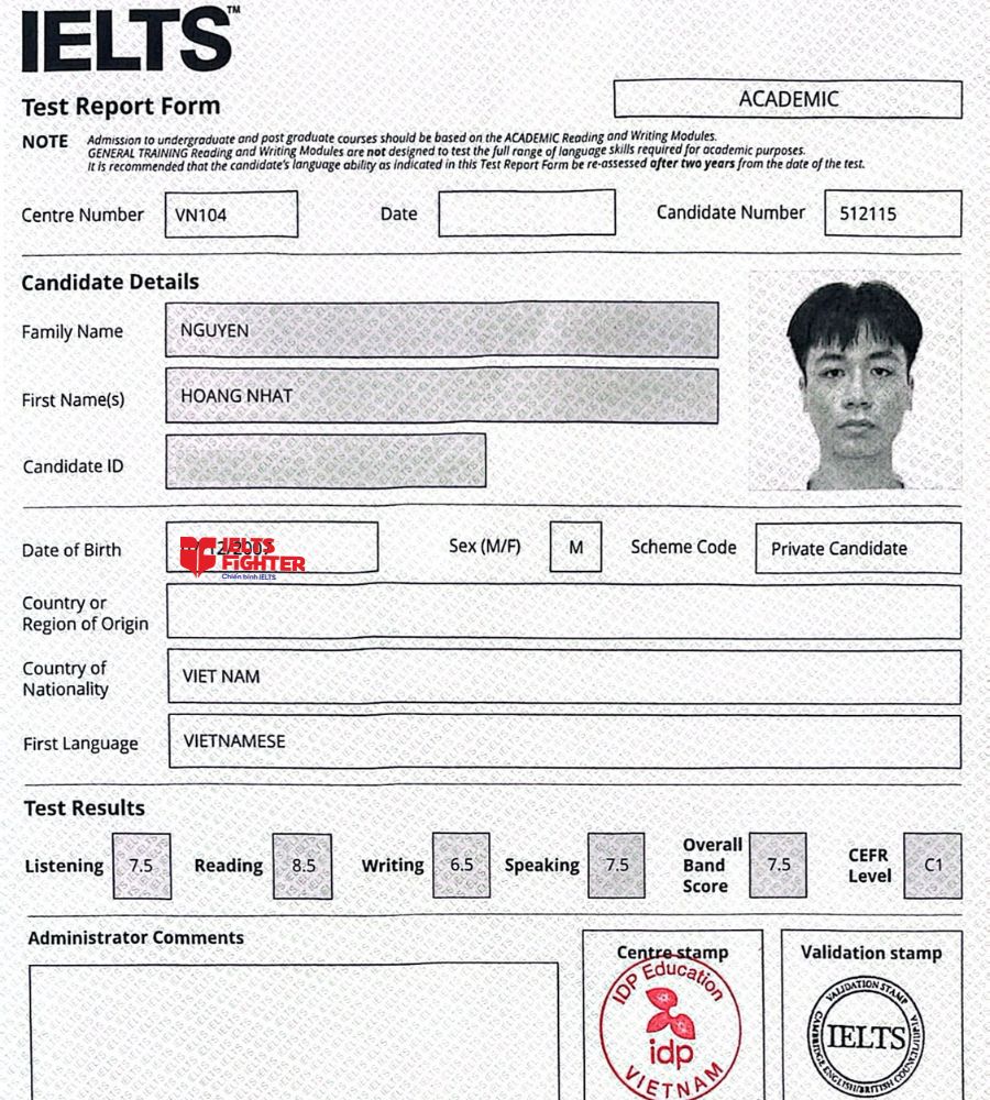 Chứng chỉ Nguyễn Hoàng Nhật  7.5 IELTS