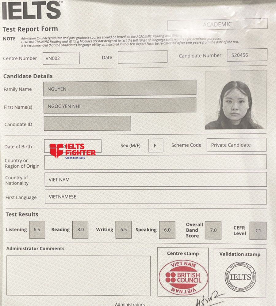 bảng điểm yến chi 7.0 IELTS