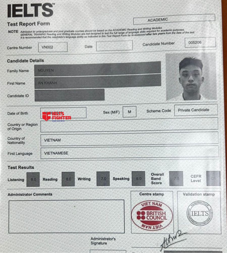 Chứng chỉ Nguyễn An Khánh 7.0 IELTS