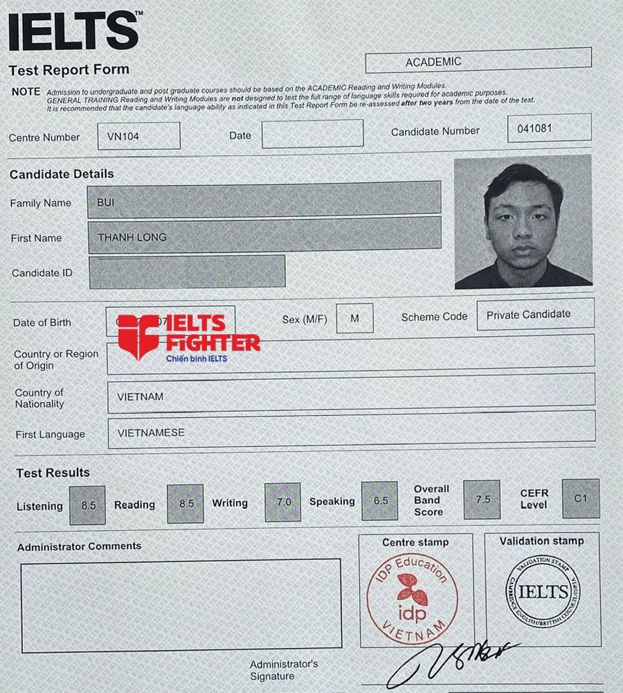 bảng điểm bùi thành long 7.5 IELTS 