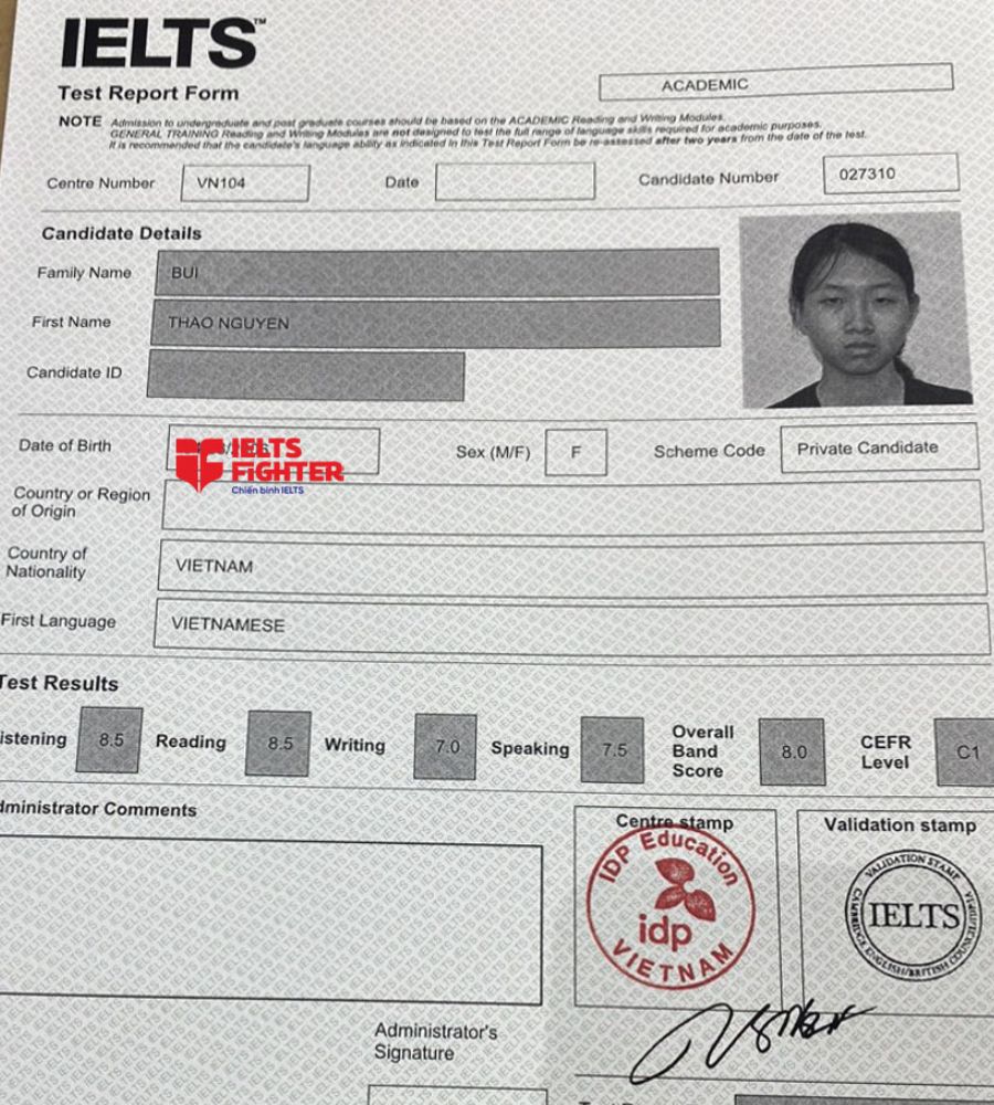 bảng điểm thảo nguyên 8.0 ielts
