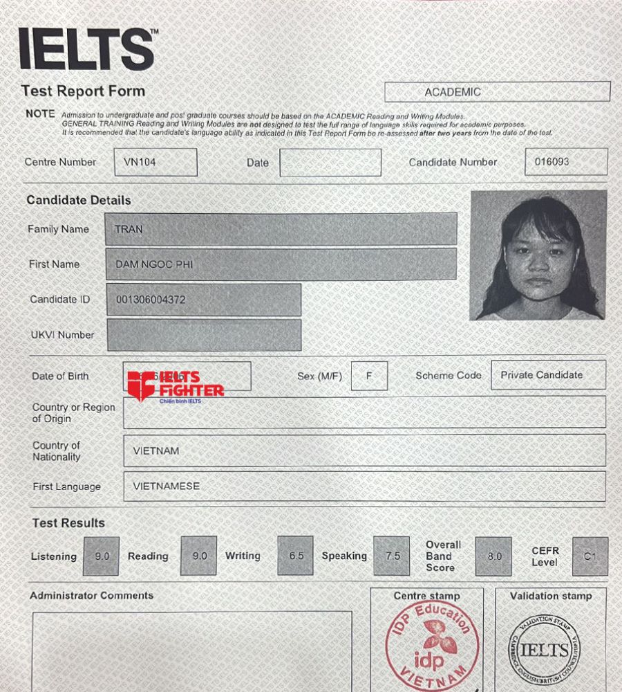 bảng điểm ngọc phi 8.0 IELTS