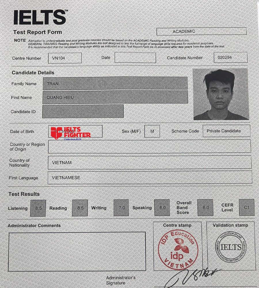 bảng điểm quang hiếu 8.0 ielts
