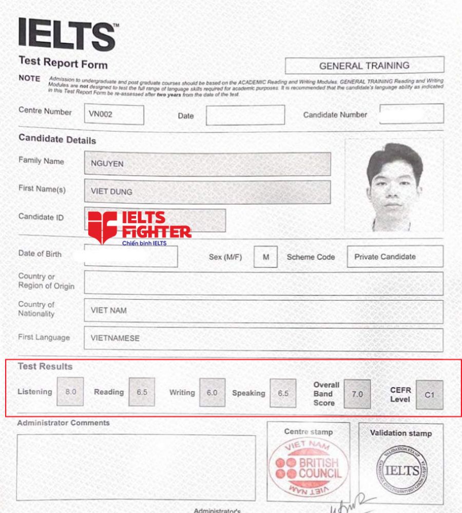 bảng điểm việt dũng học ielts 11 kèm 1 tại hà nội 7.0 ielts