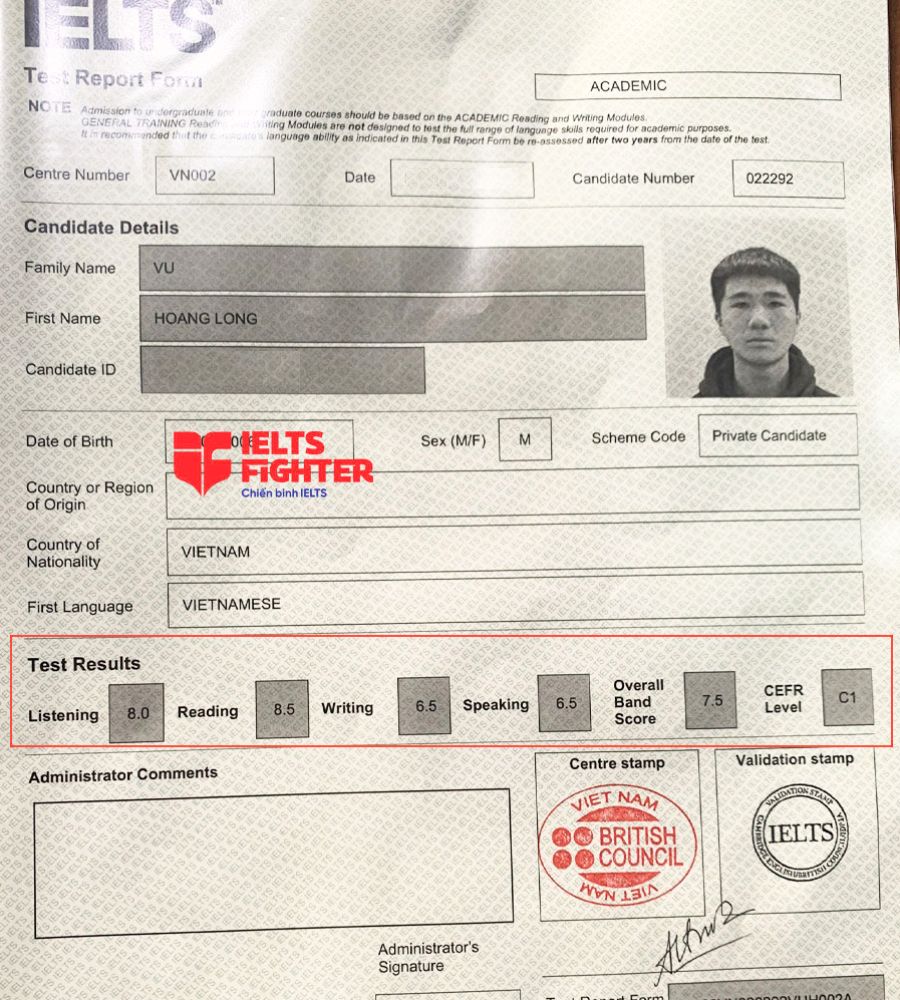 bảng điểm hoàng long học 1 kèm 1 tại Hà Nội 7.0 ielts