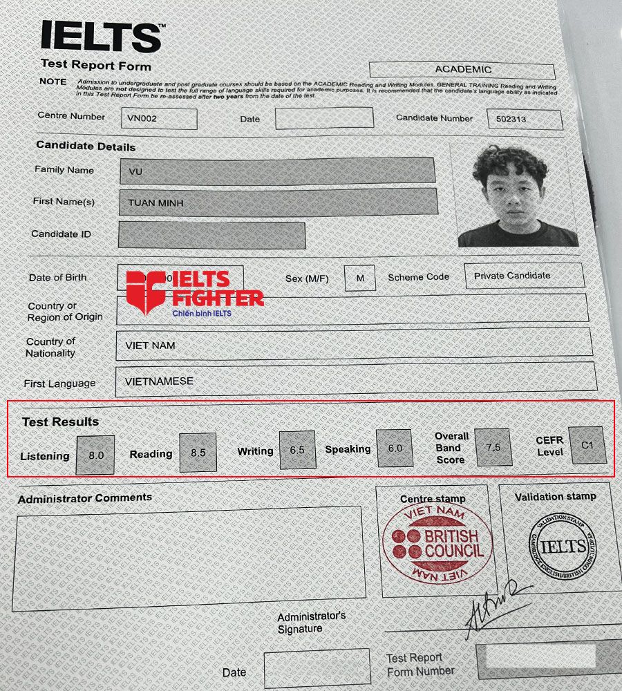 bảng điểm tuấn minh học 1 kèm 1 tại Hà Nội 7.5 ielts