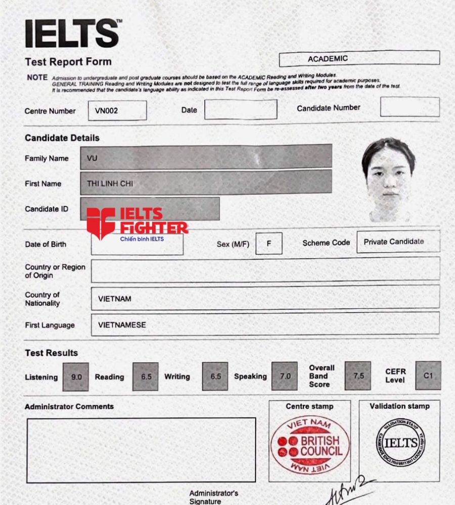 bảng điểm Linh chi học ielts 11 kèm 1 tại hà nội 7.5 ielts