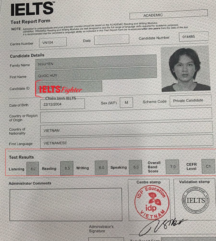 bảng điểm quốc huy 7.0 IELTS