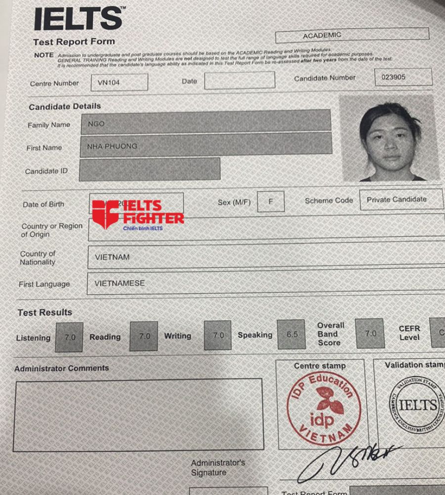 bảng điểm nhã phương 7.0 IELTS