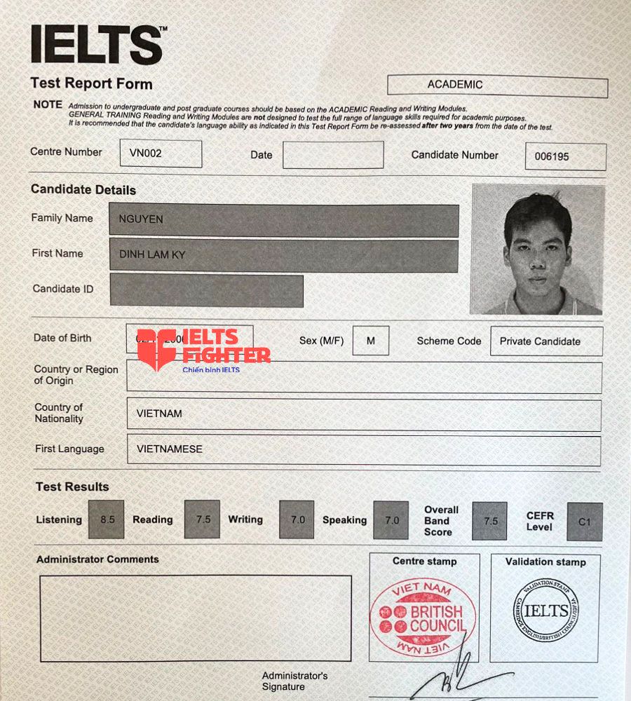 bảng điểm lâm kỳ 7.5 IELTS