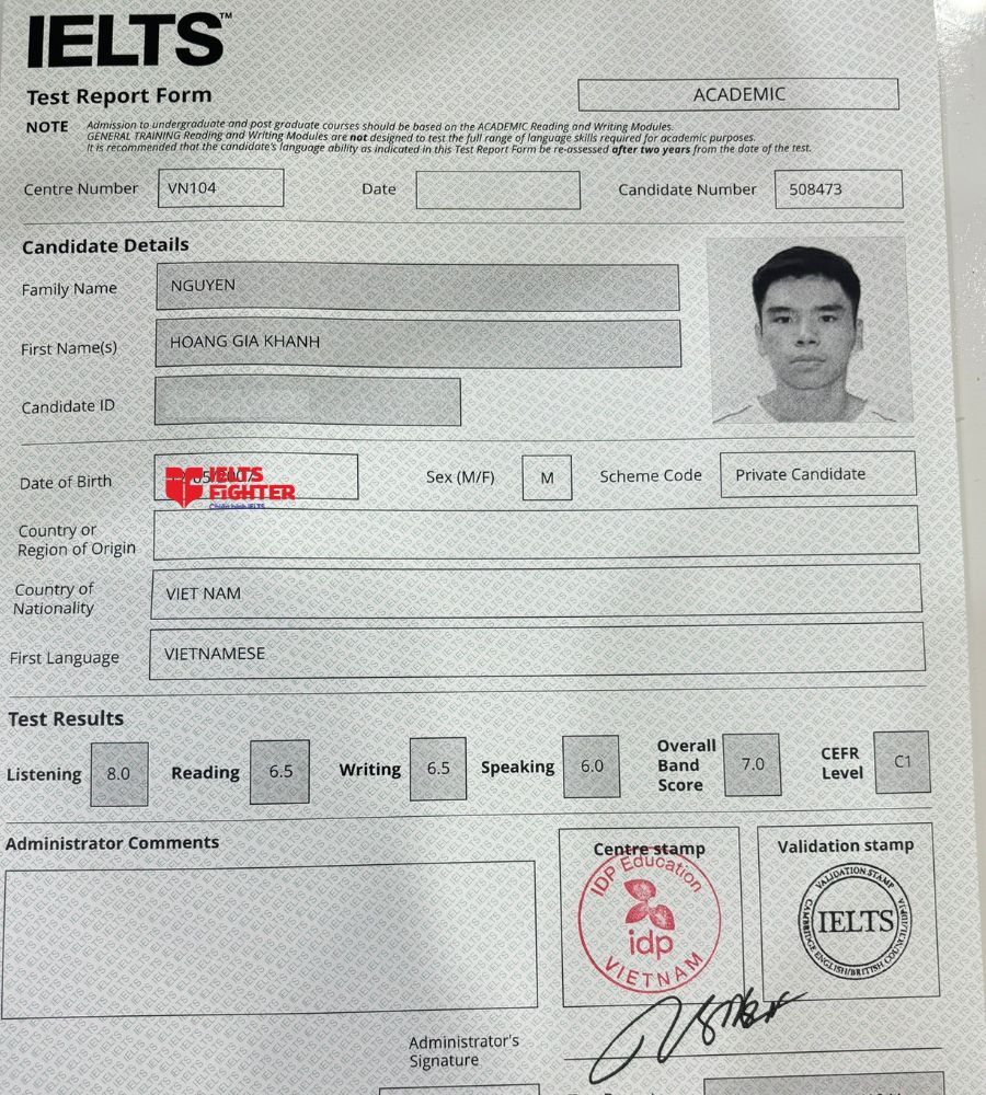 chứng chỉ Nguyễn Hoàng Gia Khánh 7.0 IELTS