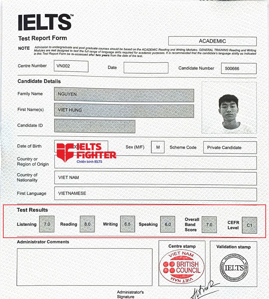 bảng điểm việt hùng học 1 kèm 1 tại Hà Nội 7.5 ielts