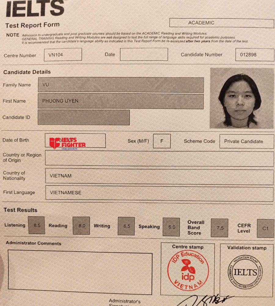 bảng điểm Vũ Phương Uyên 7.5 IELTS