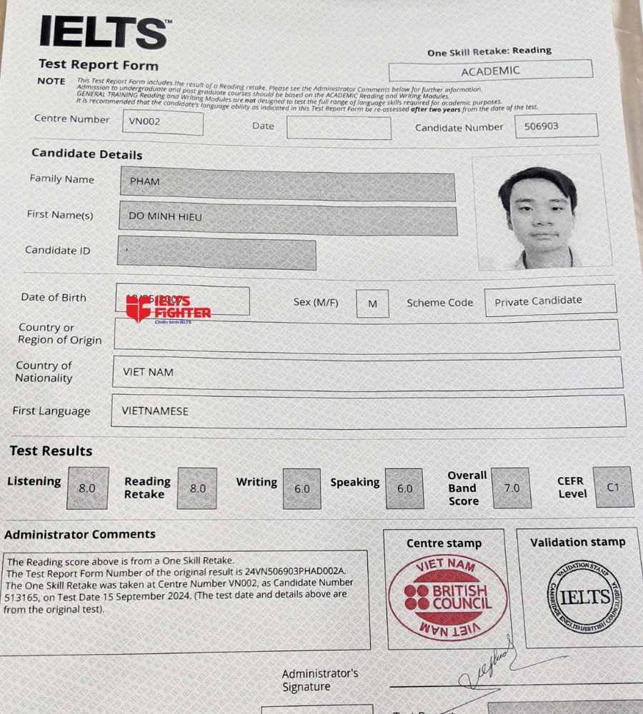Chứng chỉ Phạm Đỗ Minh Hiếu 7.0 IELTS