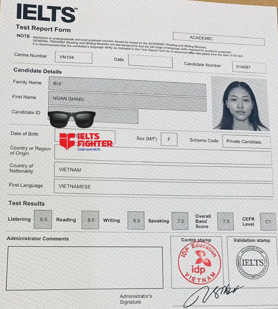 bảng điểm Ngân giang 7.5 IELTS