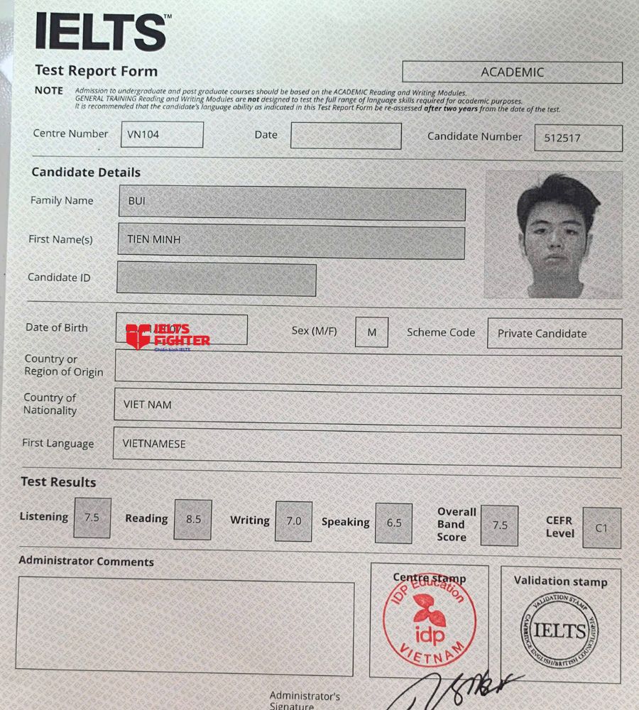 Chứng chỉ Bùi Tiến Minh 7.5 IELTS