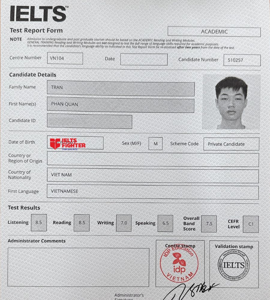 Chứng chỉ Trần Phan Quân 7.5 IELTS