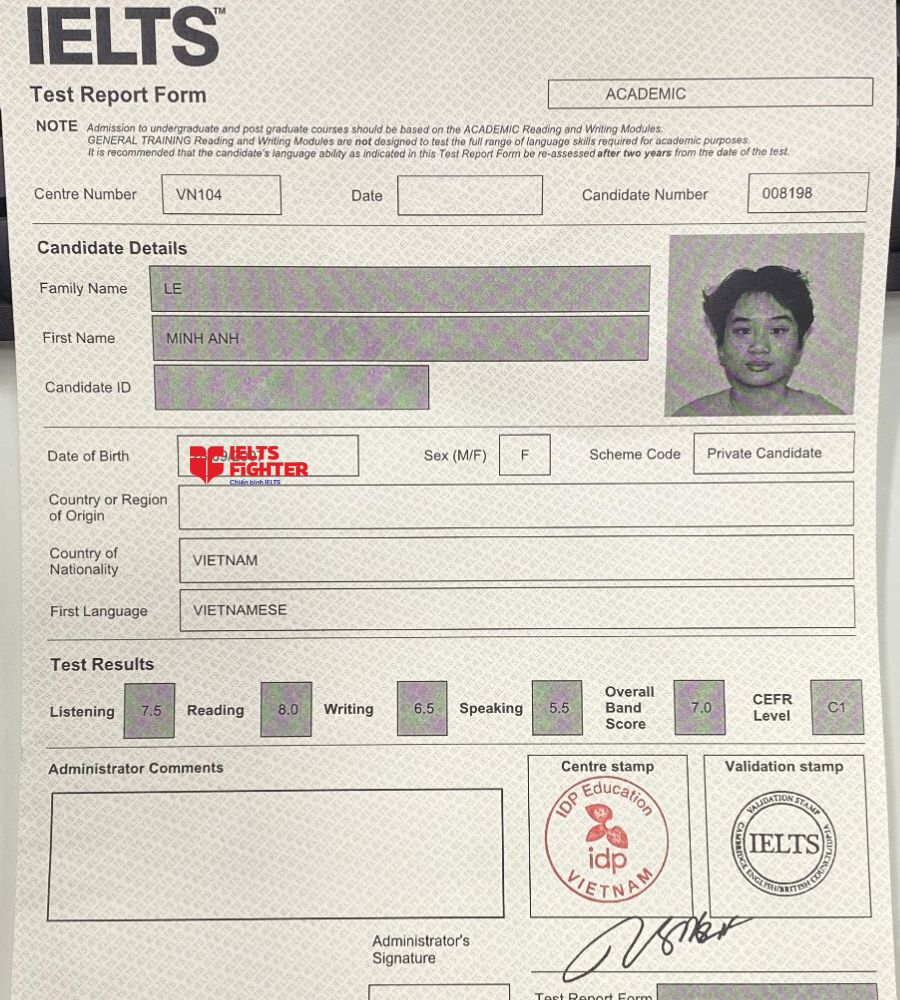 Chứng chỉ Lê Minh Anh 7.5 IELTS