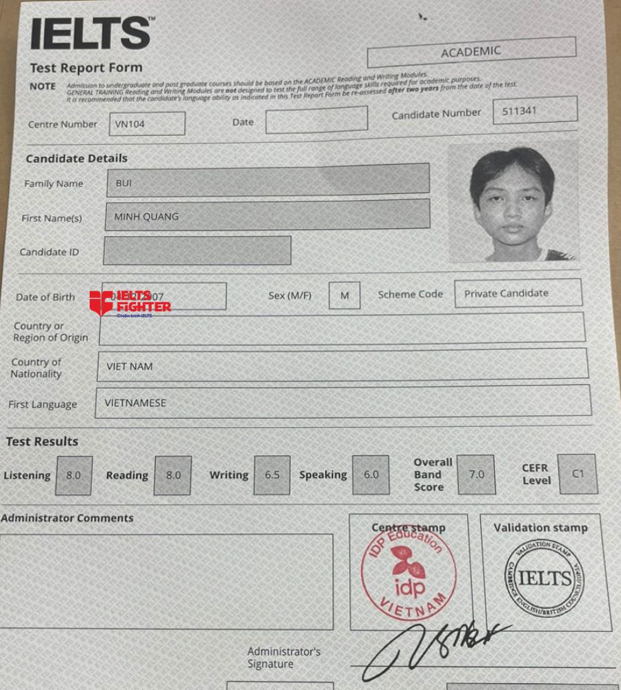 Chứng chỉ Bùi Minh Quang 7.0 IELTS