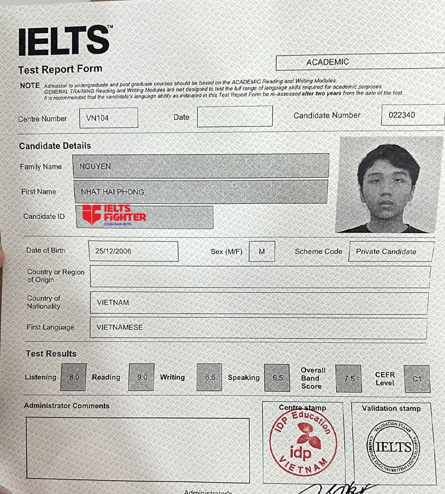 bảng điểm hải phong 7.0 ielts