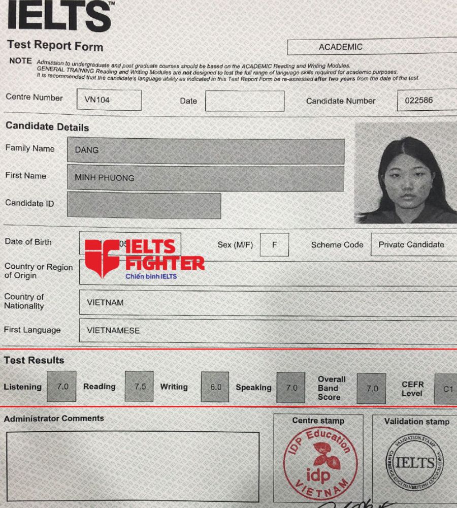 bảng điểm của phương 7.0 ielts 