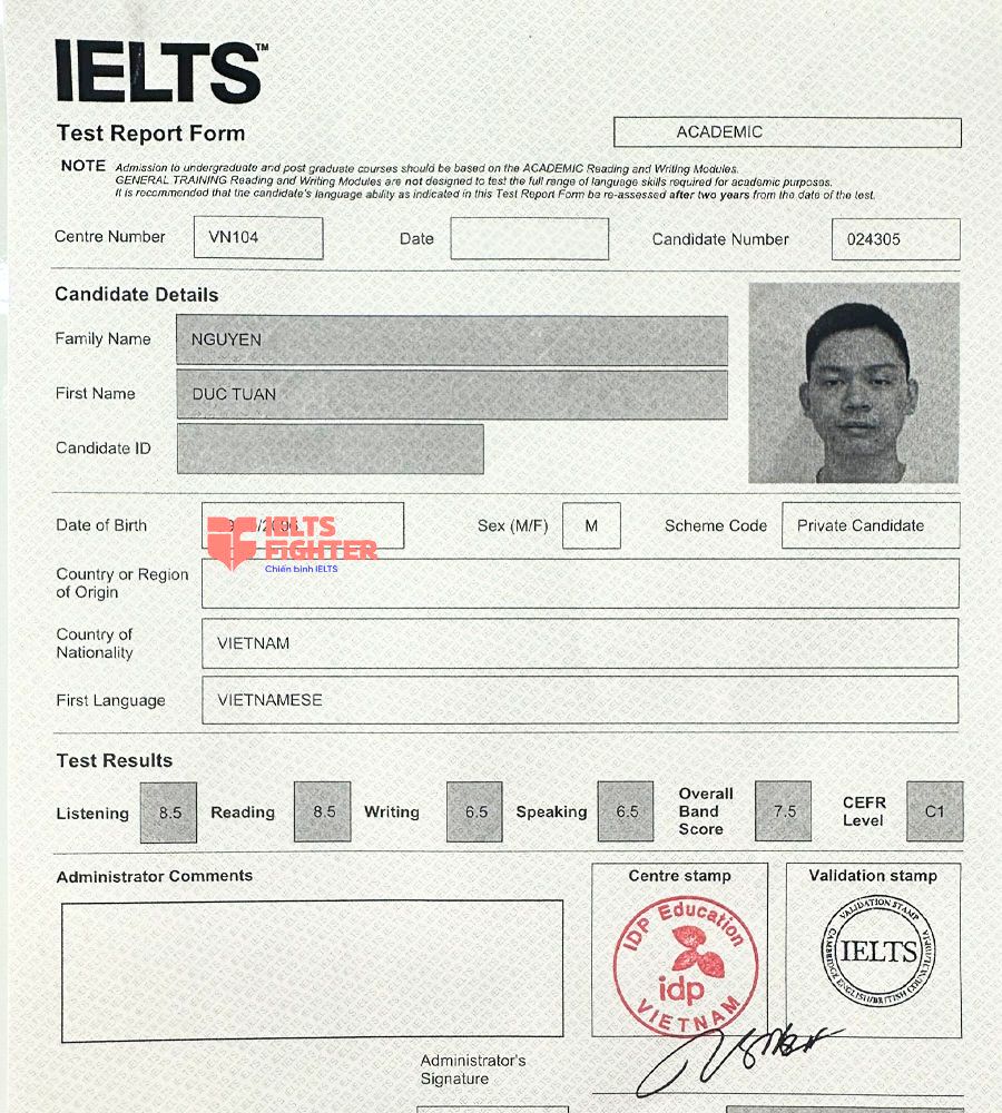 bảng điểm Đức tuấn 7.5 IELTS