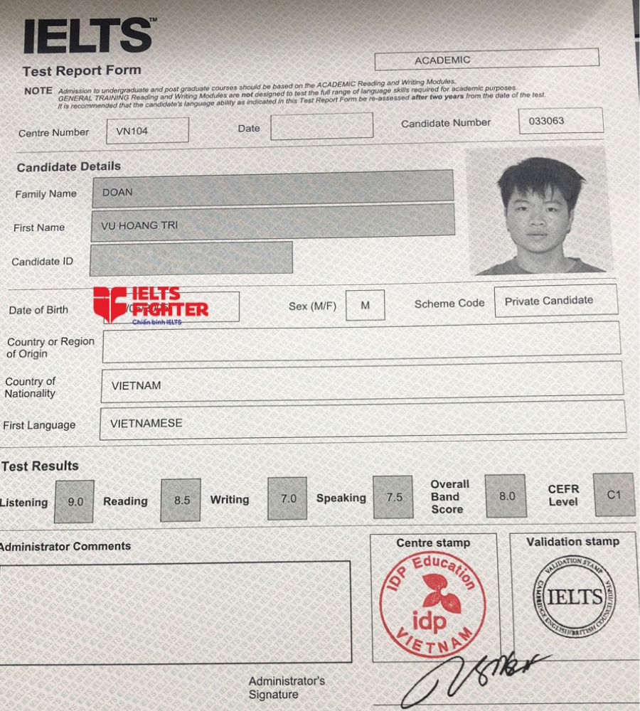 bảng điểm hoàng trí 8.0 ielts