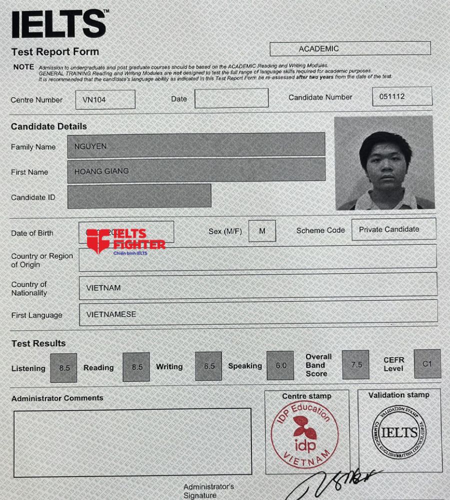 Bảng điểm Hoàng Giang 7.5 IELTS
