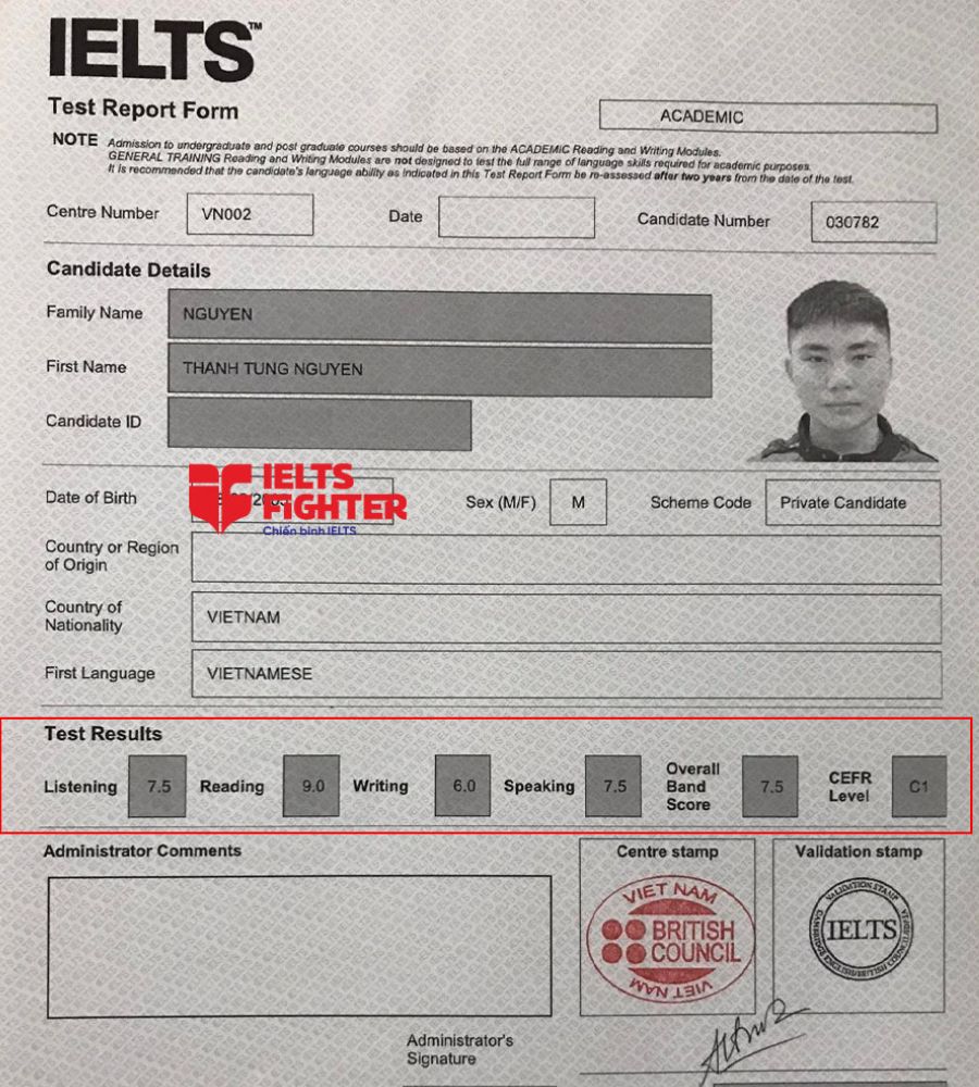 bảng điểm tùng nguyên 7.5 ielts