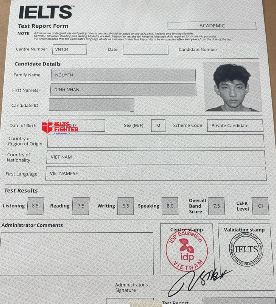 Chứng chỉ Nguyễn Đình Nhân  7.5 IELTS
