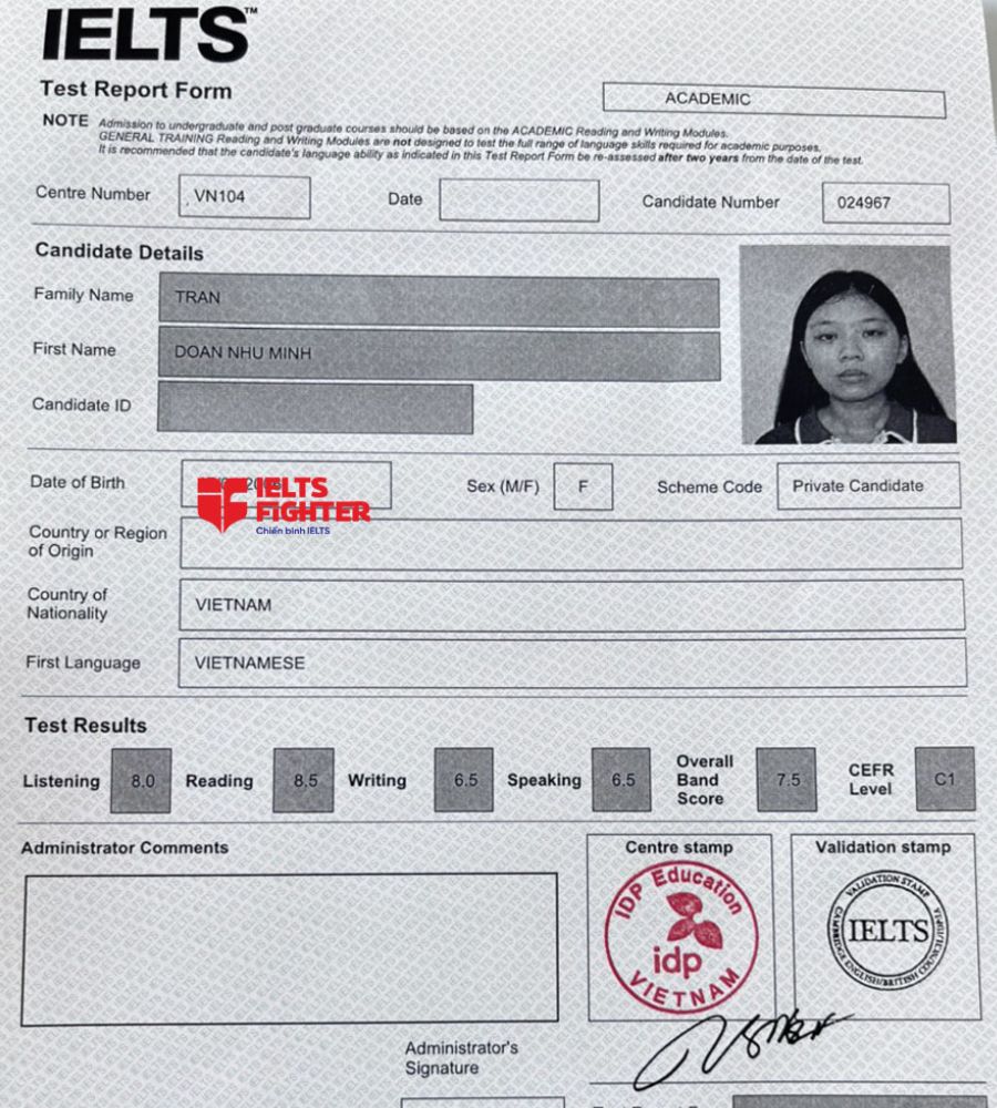 bảng điểm như minh 7.5 IELTS