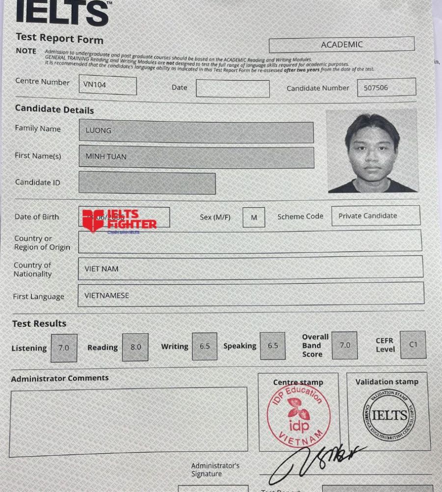 bảng điểm Minh Tuấn 7.0 IELTS