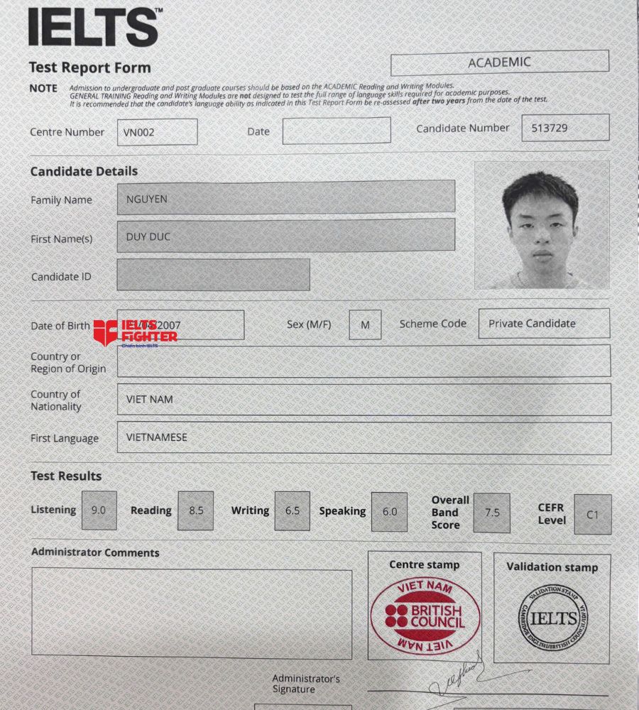 Chứng chỉ Nguyễn Duy Đức 7.5 IELTS
