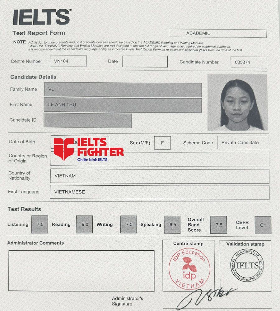 bảng điểm Anh Thư 7.5 IELTS