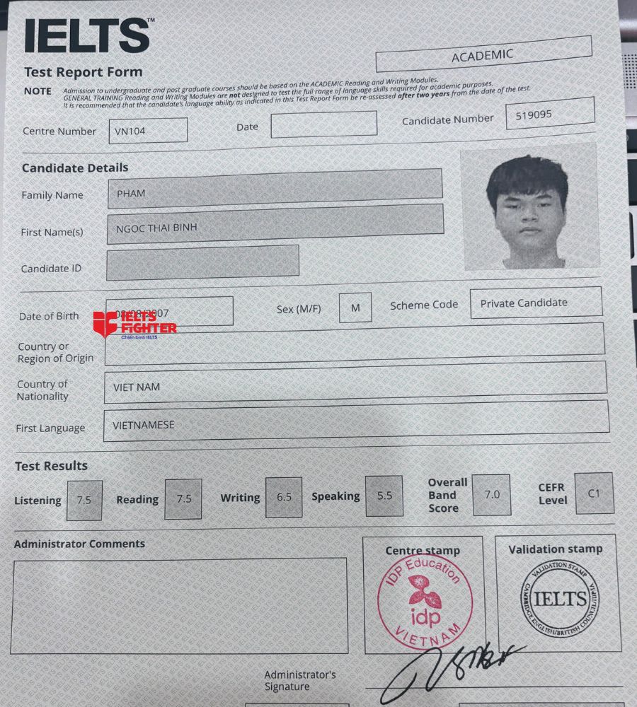 Chứng chỉ Phạm Ngọc Thái Bình 7.0 IELTS