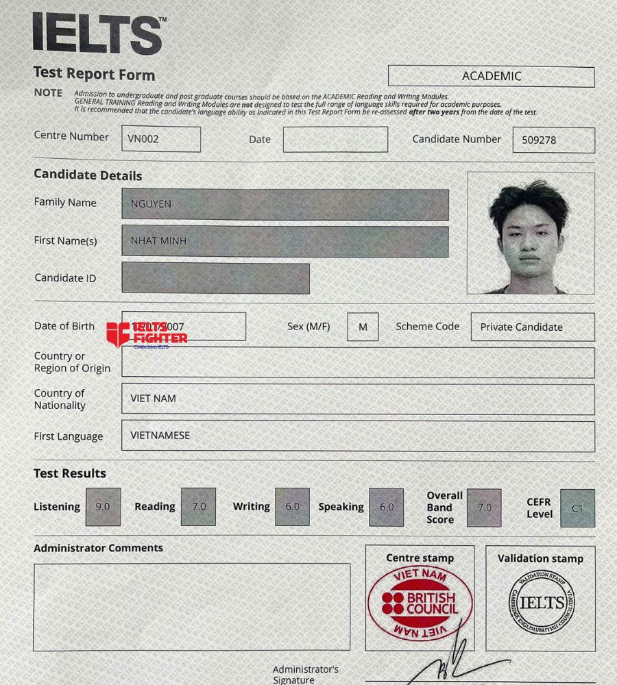 Chứng chỉ Nguyễn Nhật Minh 7.0 IELTS