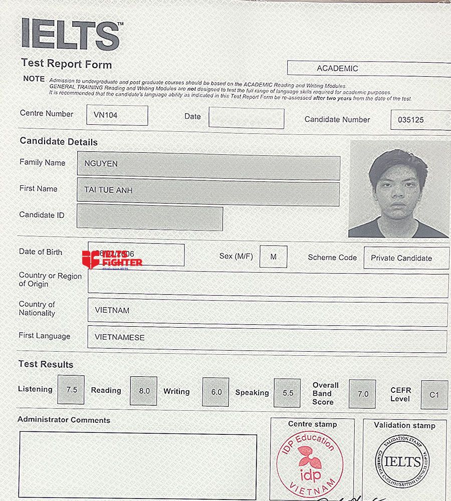 bảng điểm Tuệ anh 7.0 IELTS