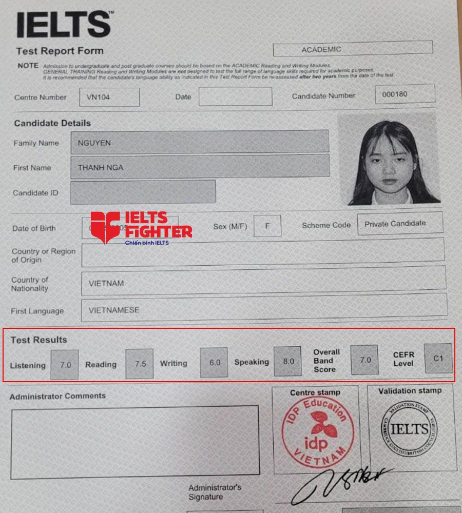 bảng điểm thanh nga 7.0 ielts 