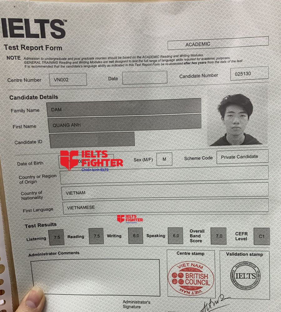 bảng điểm quang anh 7.0 ielts
