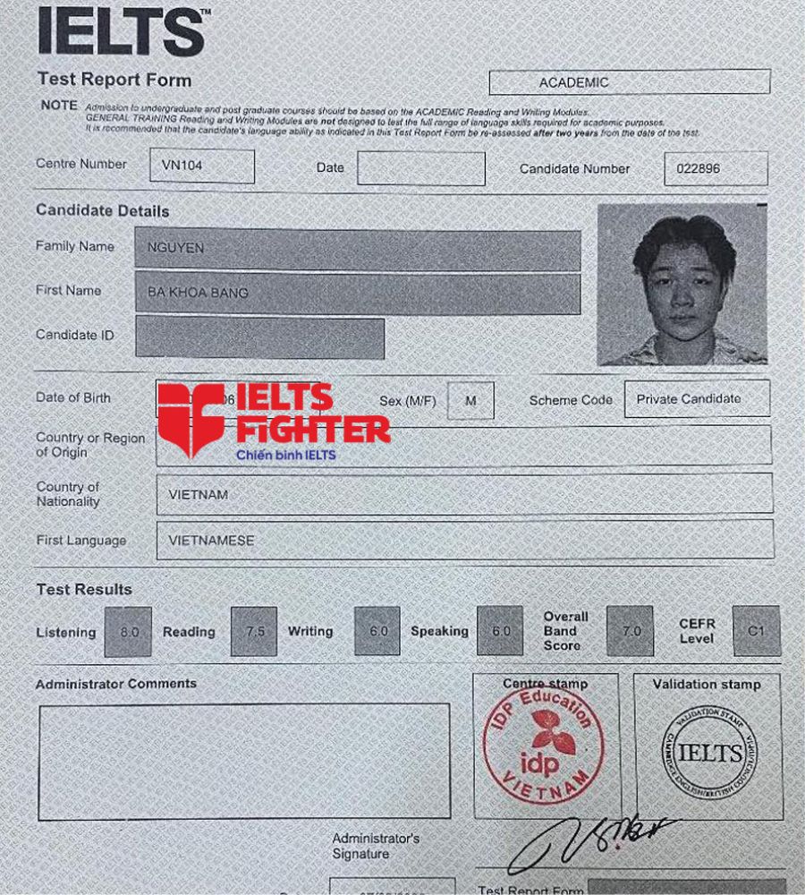 bảng điểm Khoa Bằng 7.0 IELTS
