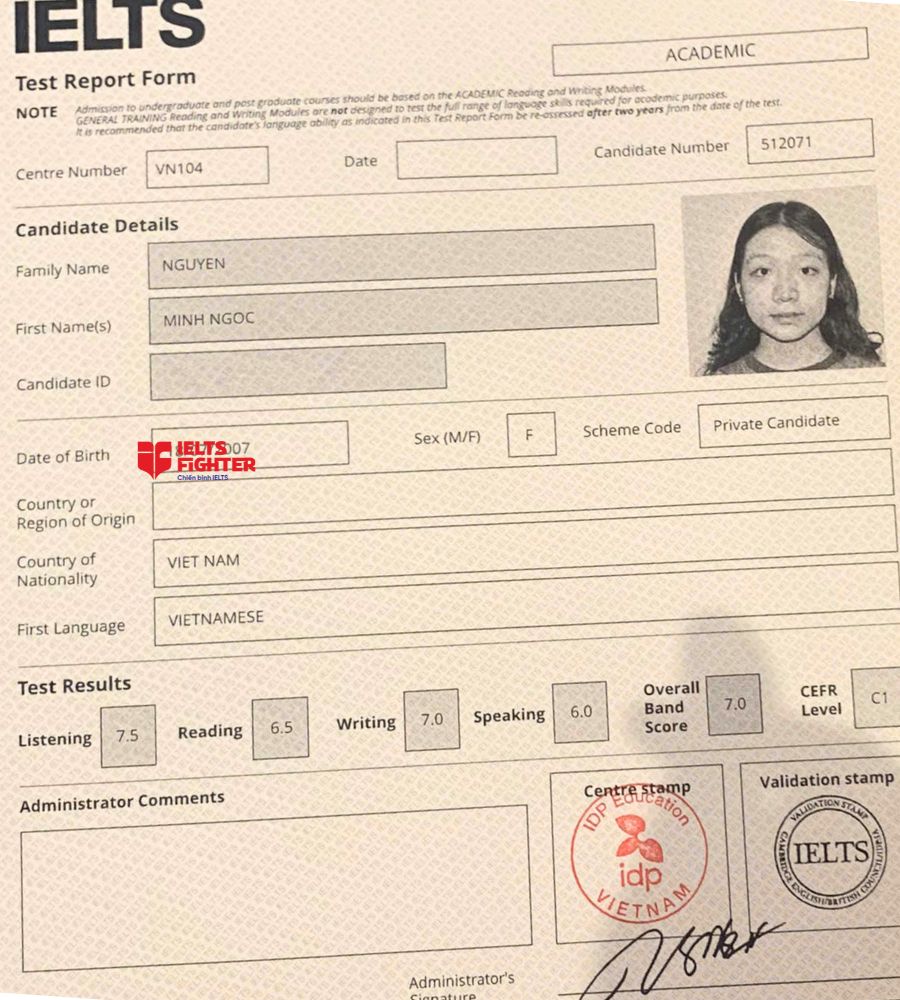 Chứng chỉ Nguyễn Minh Ngọc 7.0 IELTS