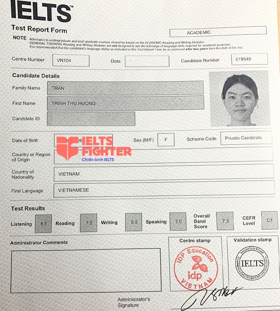 bảng điểm thu hương 7.5 ielts