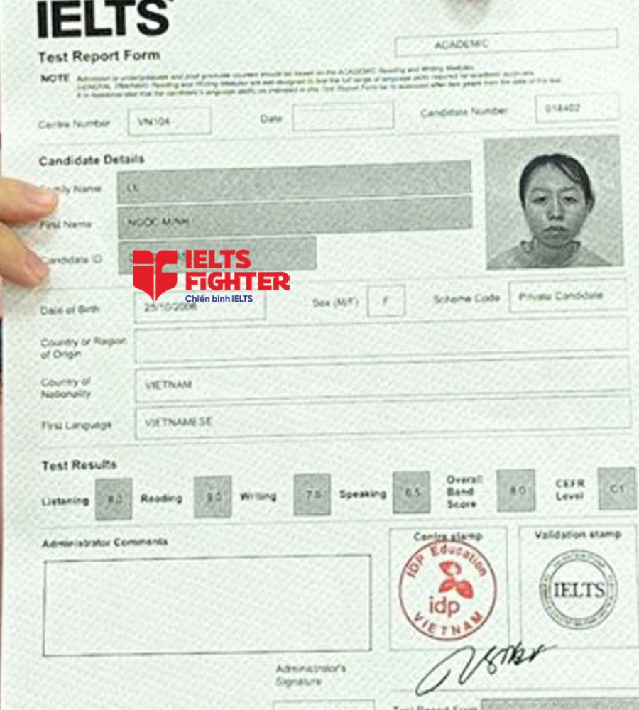 bảng điểm Ngọc Minh 8.0 IELTS