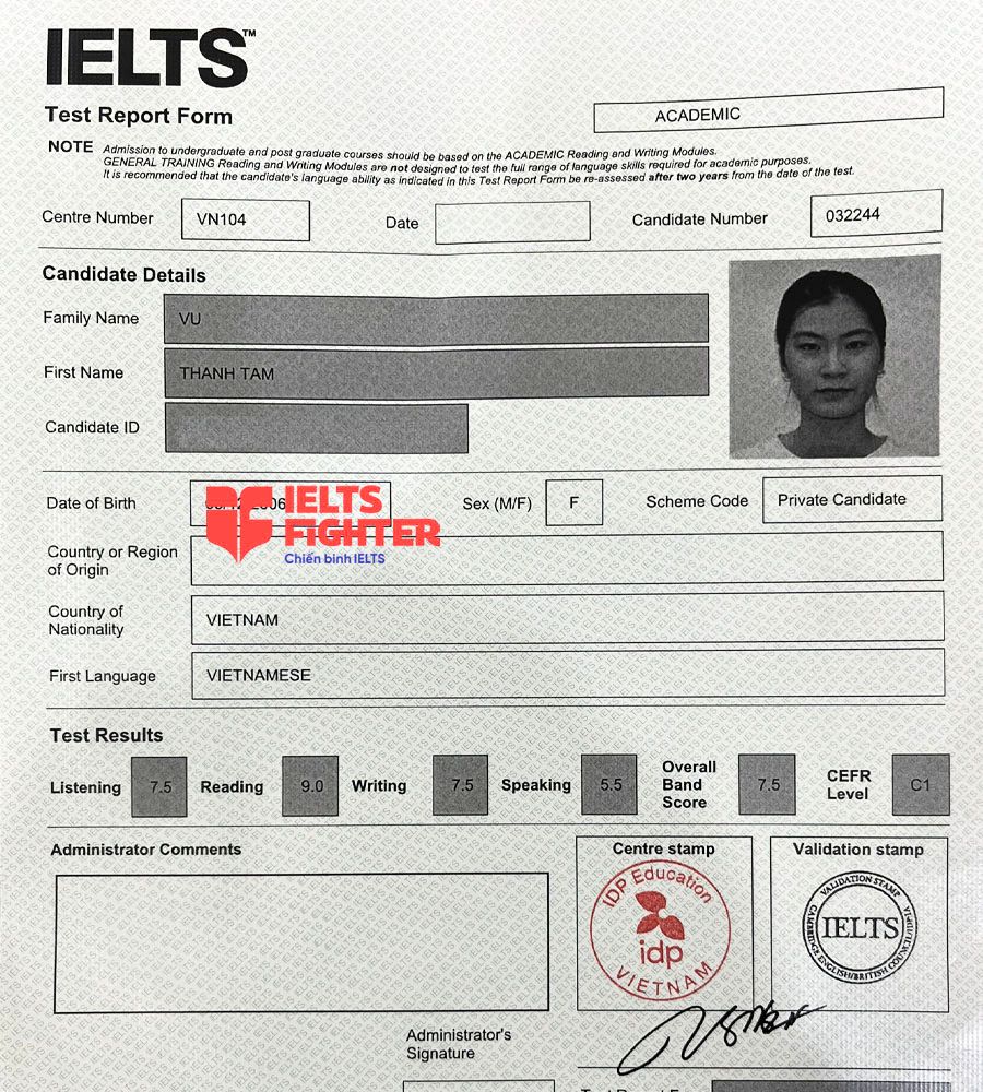 Thanh tâm 7.5 IELTS