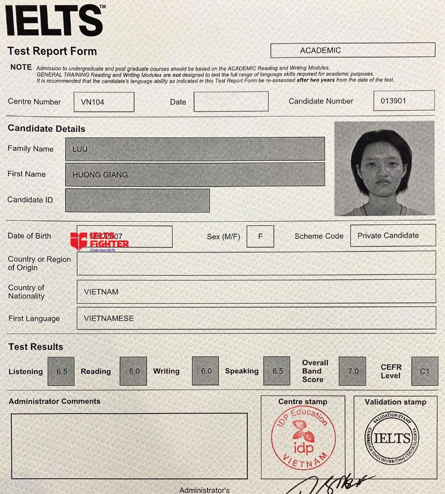 Chứng chỉ Lưu Hương Giang  7.0 IELTS