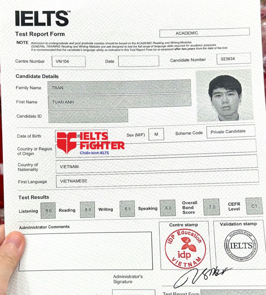 bảng điểm tuấn anh 7.0 IELTS