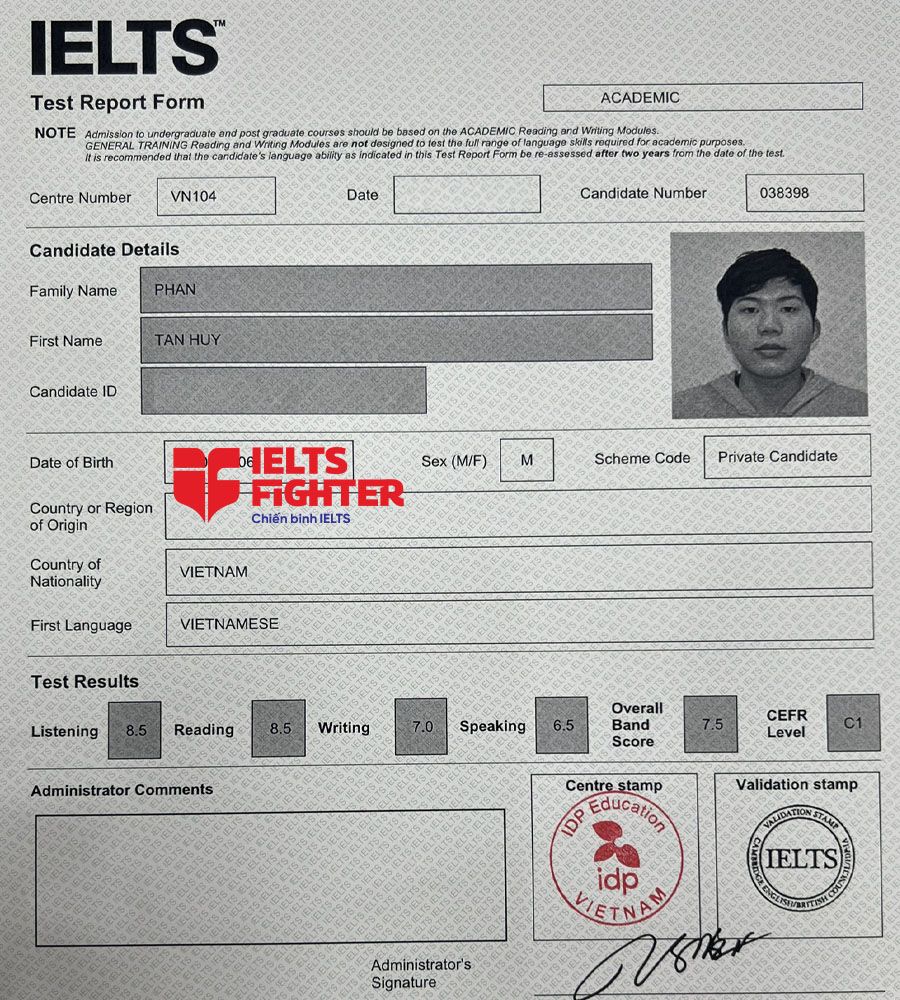 bảng điểm Tấn Huy 7.5 IELTS